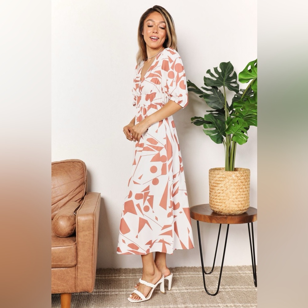 Yio Moda Printed Surplice Balloon Sleeve Dress